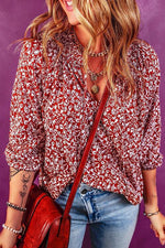 Printed Tie Neck Ballon Sleeve Blouse - Ladyez