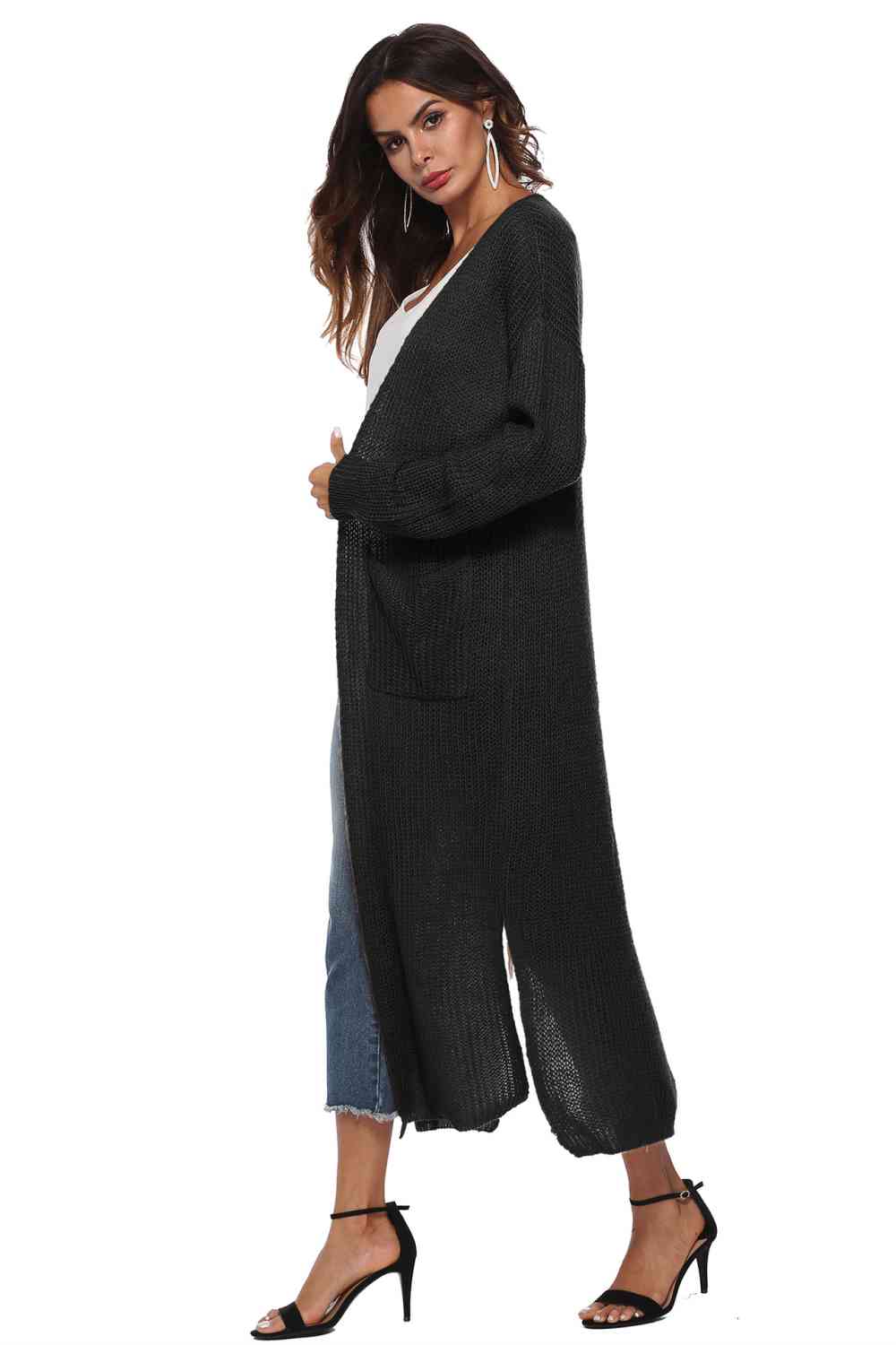 Long Sleeve Open Front Buttoned Cardigan - Ladyez