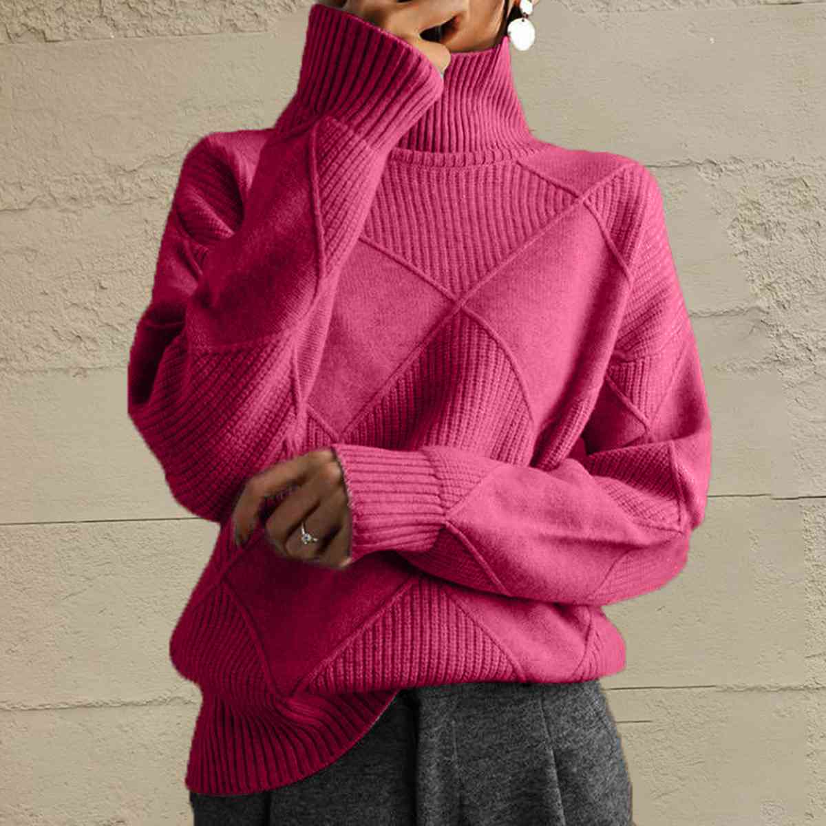 Geometric Turtleneck Long Sleeve Sweater - Ladyez