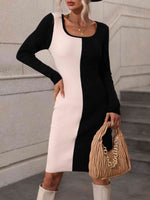 Woven Right Contrast Slit Sweater Dress - Ladyez