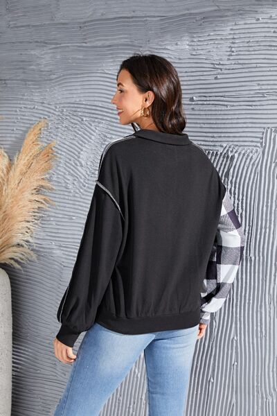 Plaid Exposed Seam Long Sleeve Blouse - Ladyez