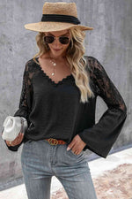 V-Neck Spliced Lace Flare Sleeve Top - Ladyez