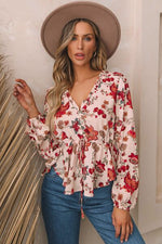 Floral V-Neck Drawstring Peplum Blouse - Ladyez