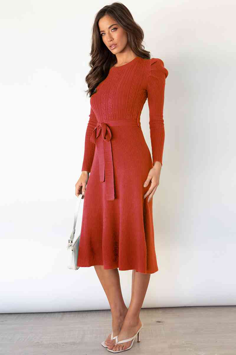 Round Neck Long Sleeve Tie Waist Sweater Dress - Ladyez