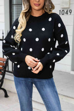 Woven Right Polka Dot Round Neck Dropped Shoulder Sweater - Ladyez