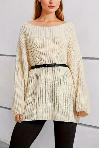Boat Neck Dropped Shoulder Mini Sweater Dress - Ladyez