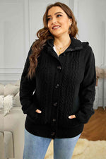Cable-Knit Fleece Lining Button-Up Hooded Cardigan - Ladyez