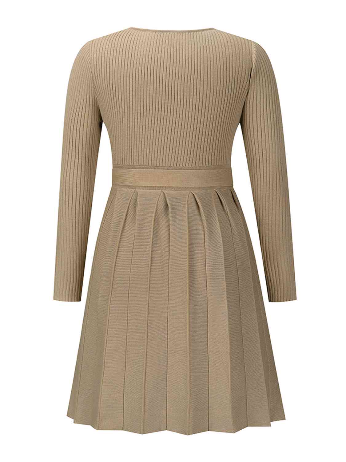 Surplice Neck Tie Front Pleated Sweater Dress - Ladyez