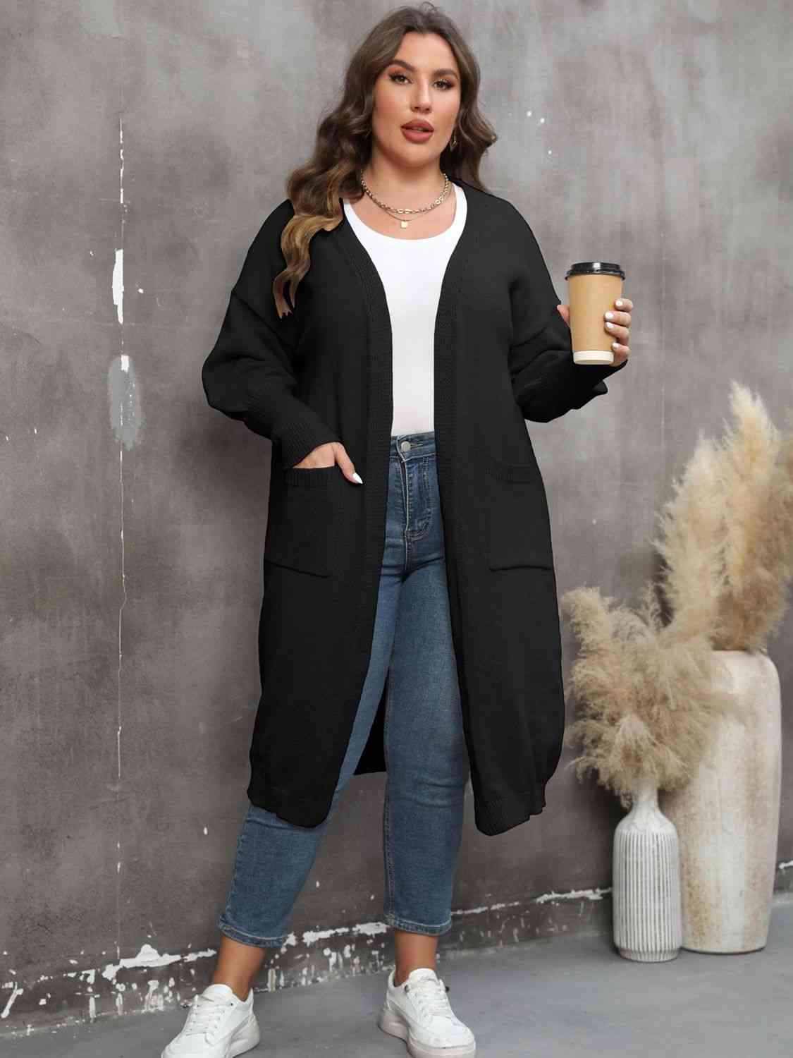 Plus Size Long Sleeve Pocketed Cardigan - Ladyez