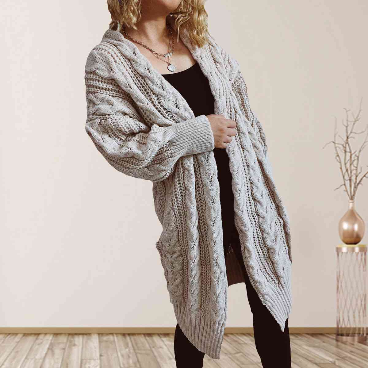 Cable-Knit Open Front Dropped Shoulder Cardigan - Ladyez