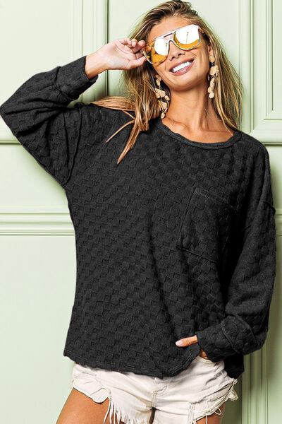 BiBi Checkered Round Neck Exposed Seam Top - Ladyez