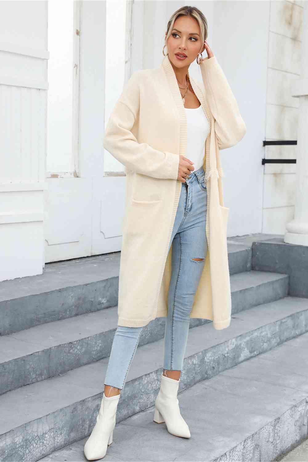 Open Front Pocketed Cardigan - Ladyez
