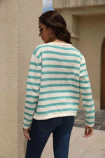 Striped Round Neck Button-Down Dropped Shoulder Cardigan - Ladyez