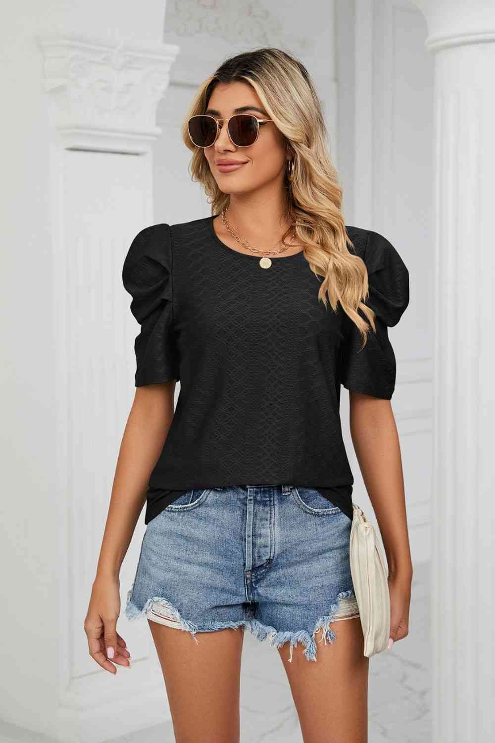 Eyelet Puff Sleeve Round Neck Blouse - Ladyez