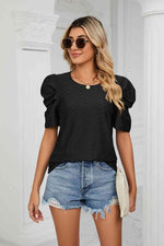 Eyelet Puff Sleeve Round Neck Blouse - Ladyez