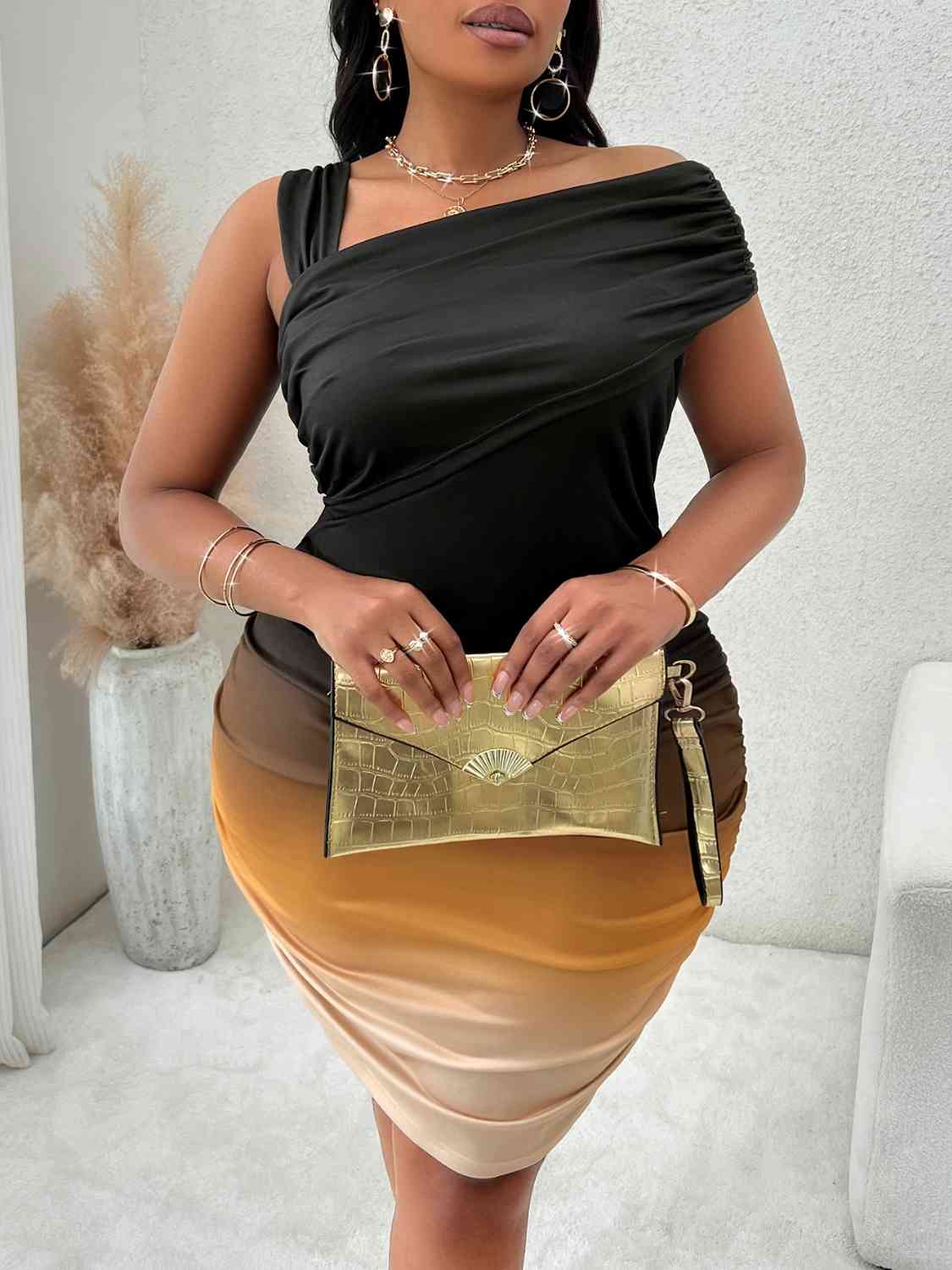 Plus Size Asymmetrical Neck Bodycon Dress - Ladyez