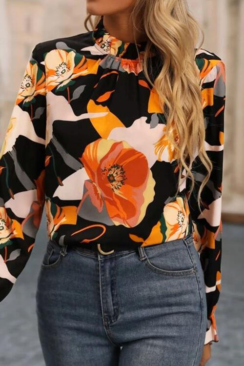 Floral Mock Neck Flounce Sleeve Blouse - Ladyez