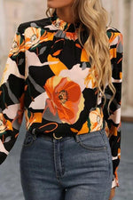 Floral Mock Neck Flounce Sleeve Blouse - Ladyez