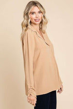 Culture Code Full Size Lapel Collar Ruched Long Sleeve Blouse - Ladyez