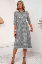 Plaid Collared Neck Midi Dress - Ladyez