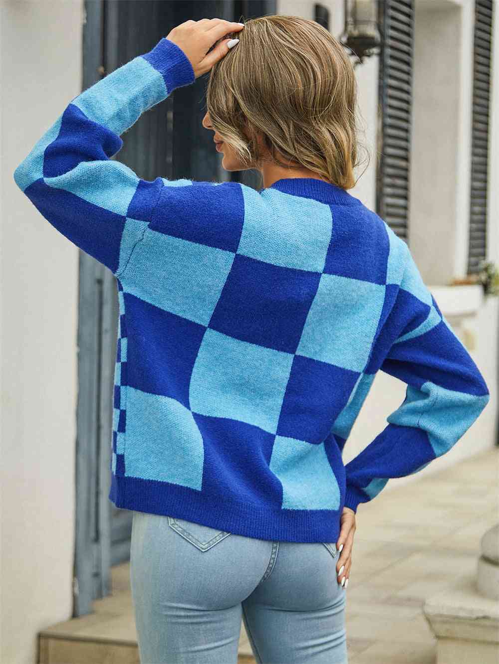 Plaid V-Neck Dropped Shoulder Cardigan - Ladyez