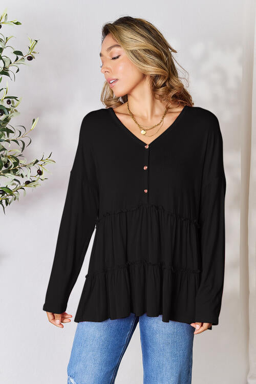 Double Take Half Button Long Sleeve Ruffle Hem Blouse - Ladyez