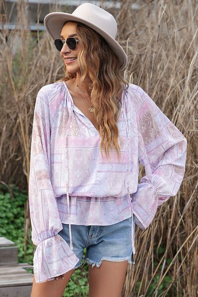 Printed Tie Neck Flounce Sleeve Blouse - Ladyez