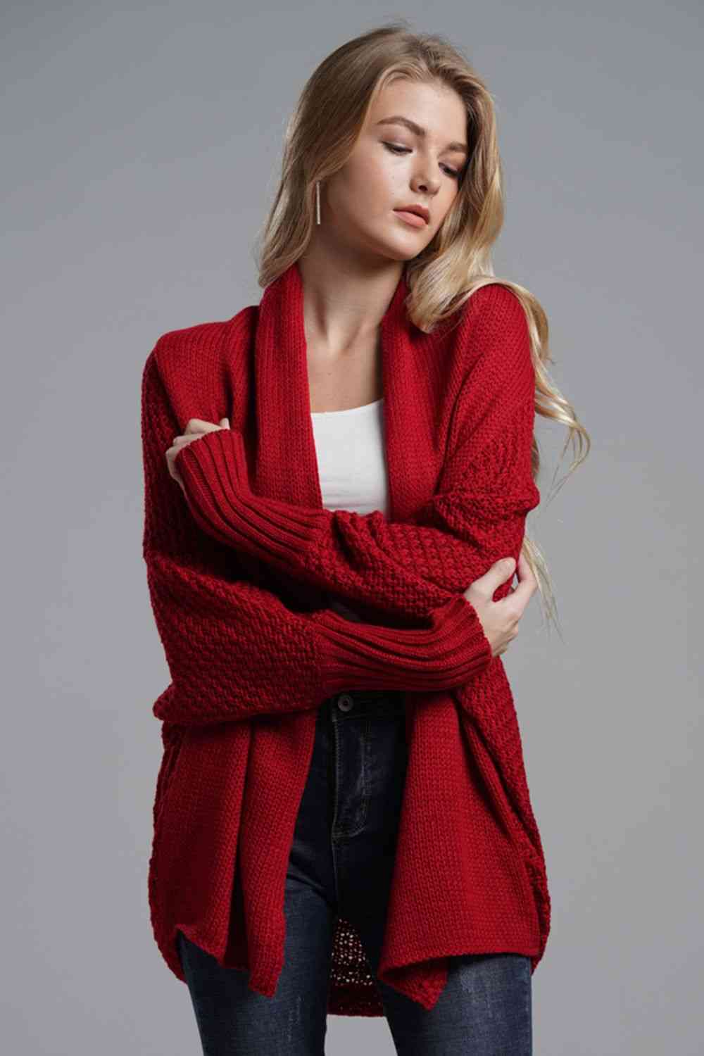 Double Take Dolman Sleeve Open Front Ribbed Trim Longline Cardigan - Ladyez