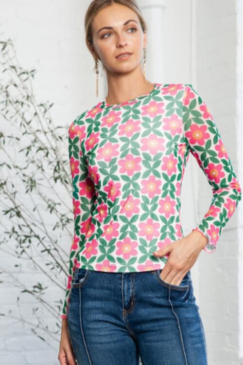 Floral Round Neck Long Sleeve Top - Ladyez