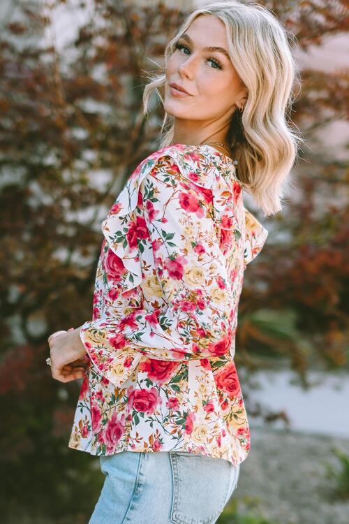Floral Round Neck Smocked Blouse - Ladyez