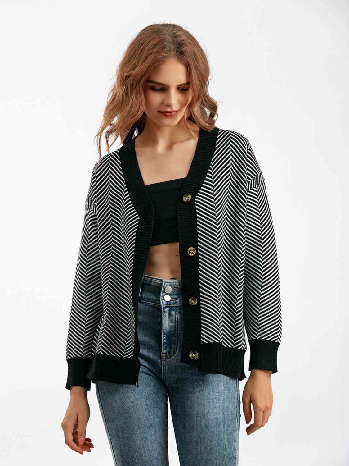 Button Down V-Neck Cardigan - Ladyez