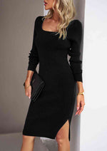 Rib-Knit Slit Sweater Dress - Ladyez