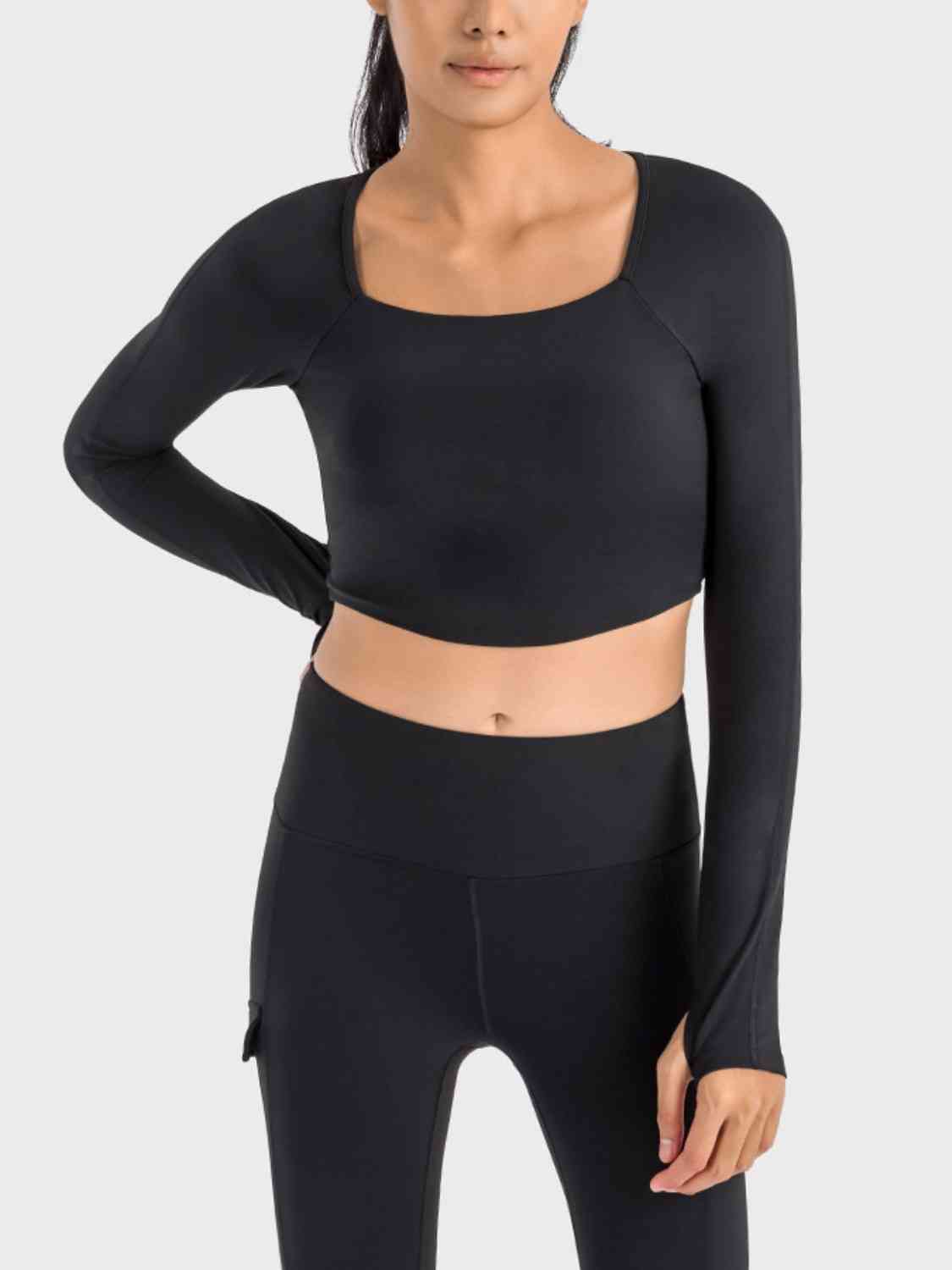 Square Neck Long Sleeve Cropped Sports Top - Ladyez