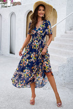Smocked Floral V-Neck Short Sleeve Dress - Ladyez