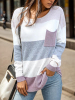 Striped Round Neck Sweater with Pocket - Ladyez