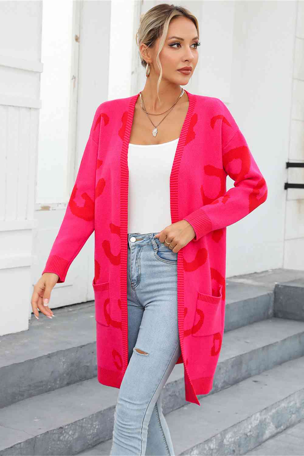 Printed Long Sleeve Cardigan with Pockets - Ladyez