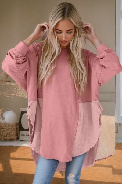 Contrast Texture Round Neck Long Sleeve Blouse - Ladyez