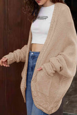 Cable-Knit Open Front Cardigan with Pockets - Ladyez