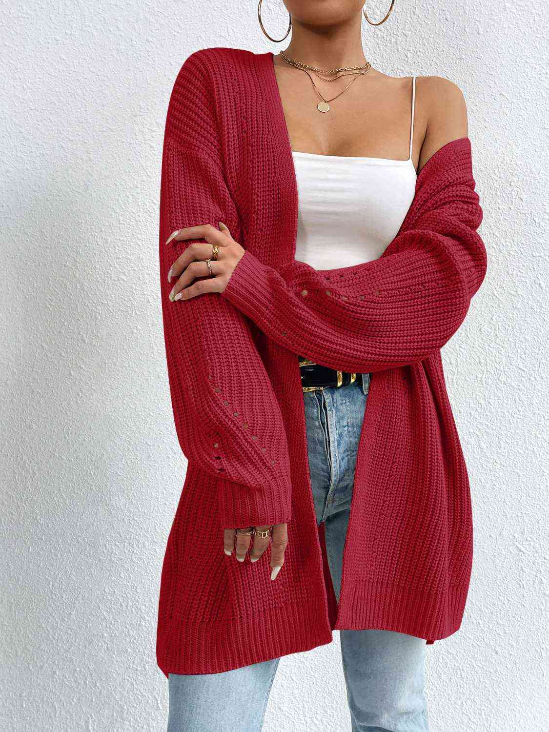 Open Front Dropped Shoulder Slit Cardigan - Ladyez