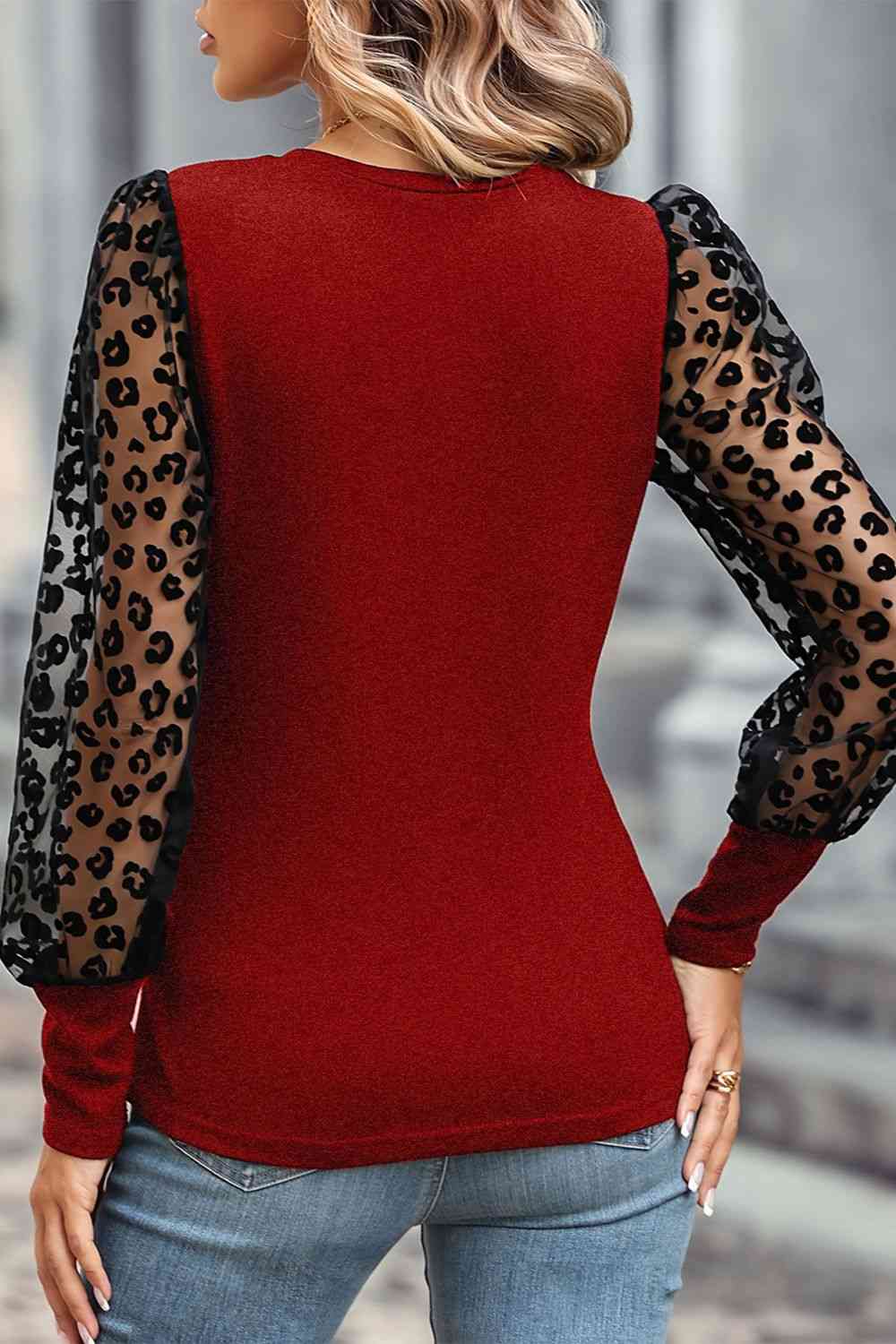 Round Neck Lantern Sleeve Blouse - Ladyez