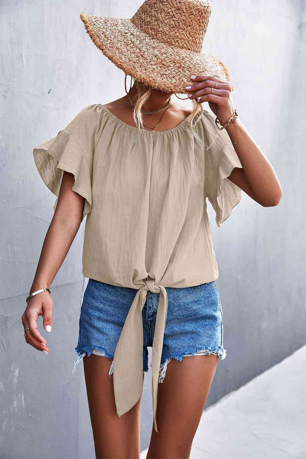 Flutter Sleeve Tie-Front Blouse - Ladyez