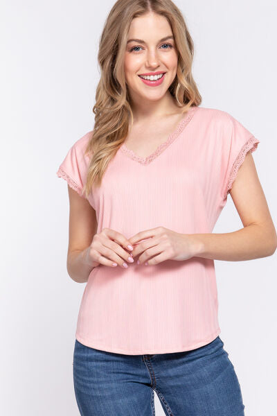 ACTIVE BASIC Lace Trim V-Neck Short Sleeve Ribbed Top - Ladyez