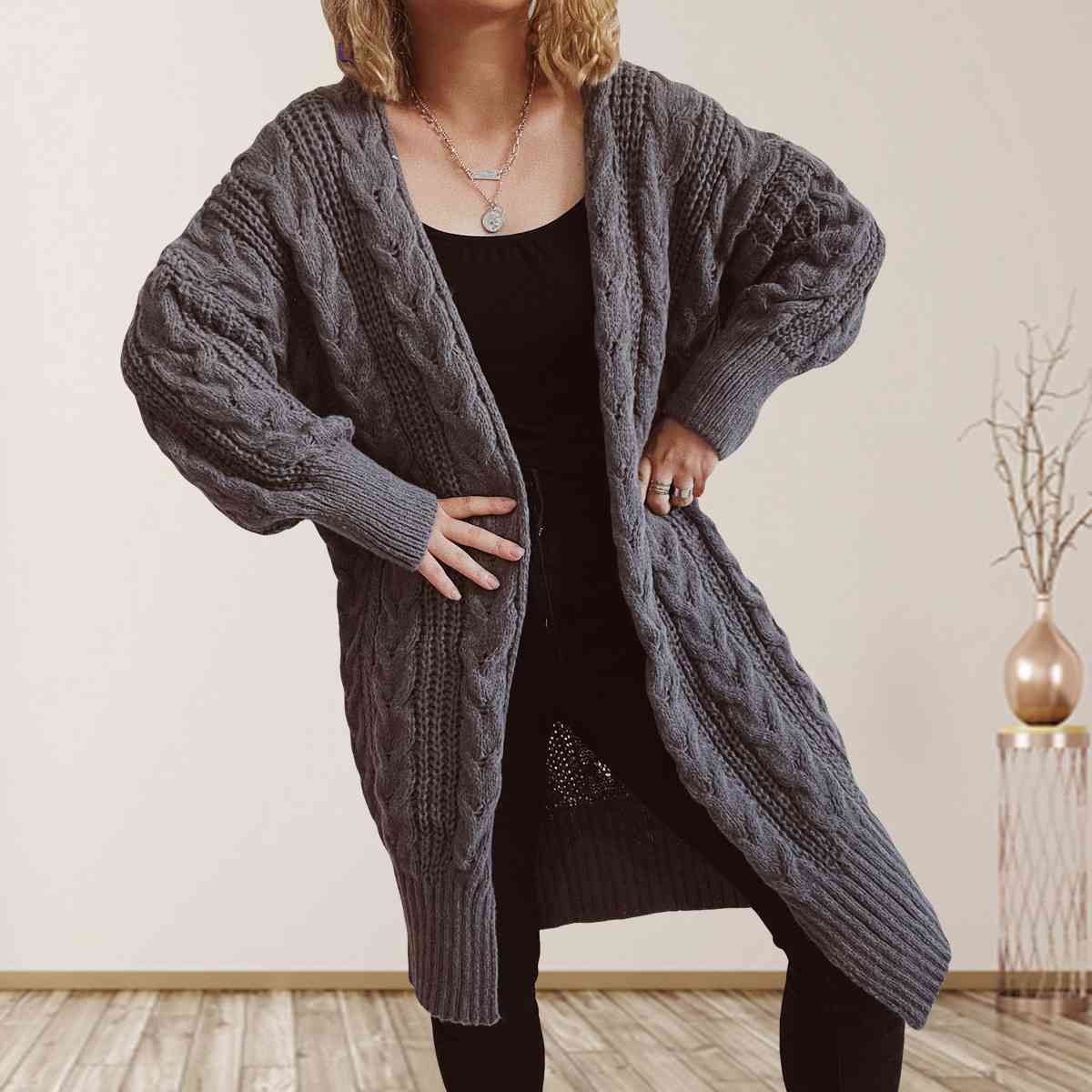 Cable-Knit Open Front Dropped Shoulder Cardigan - Ladyez