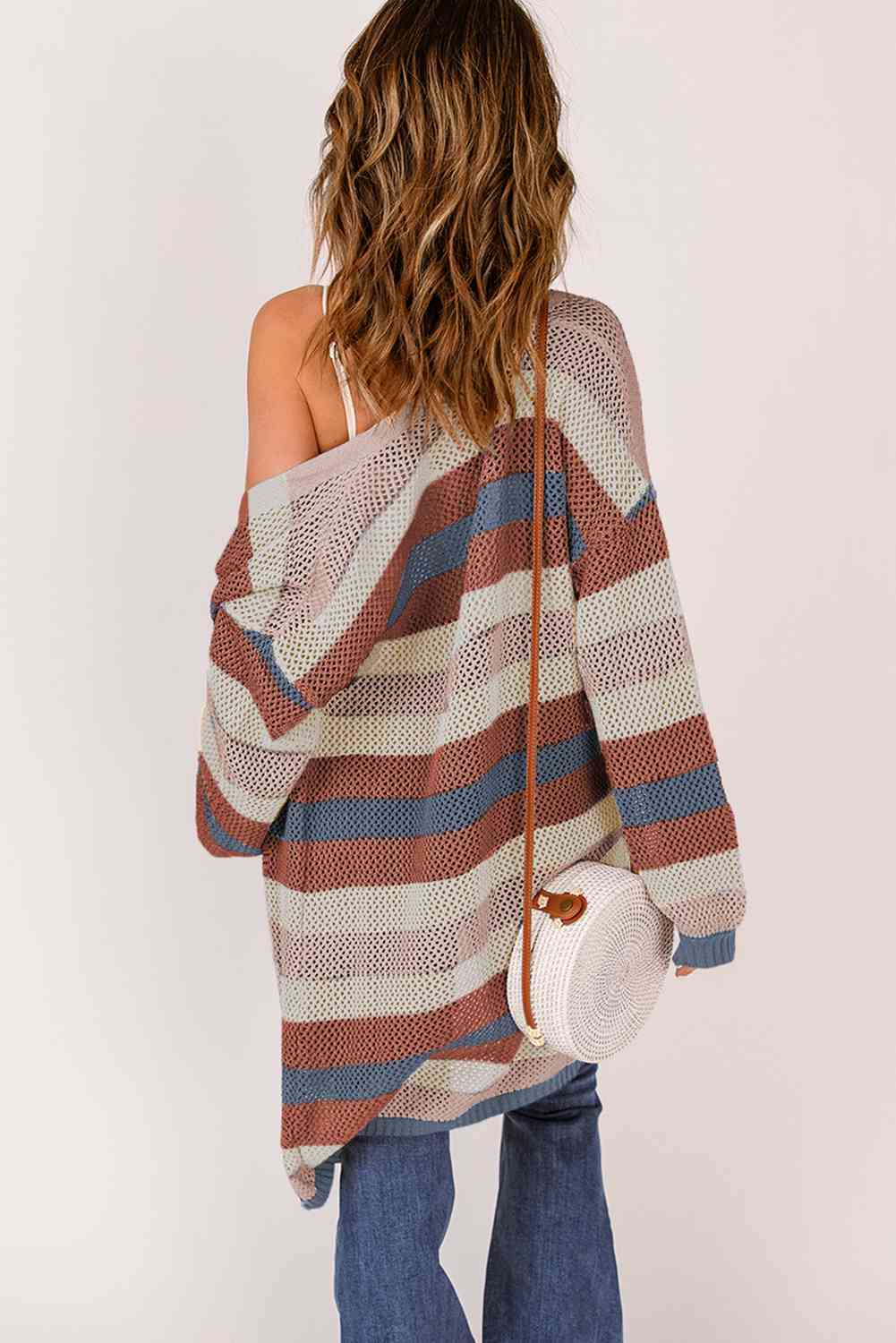 Full Size Striped Long Sleeve Openwork Cardigan - Ladyez