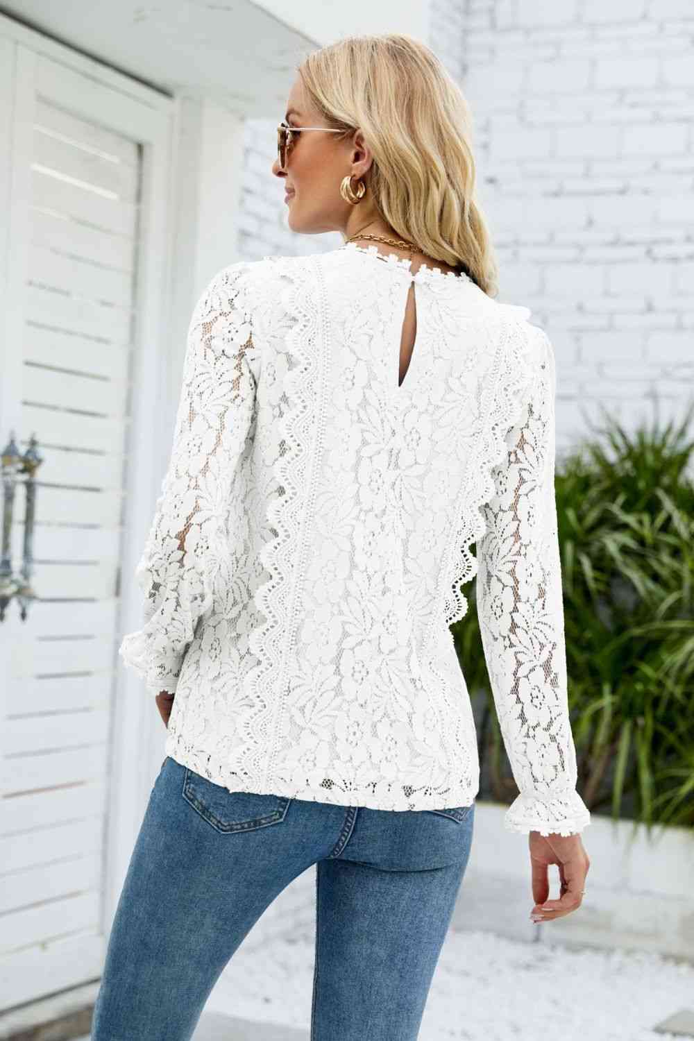V-Neck Flounce Sleeve Lace Top - Ladyez