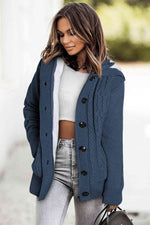 Cable-Knit Fleece Lining Button-Up Hooded Cardigan - Ladyez