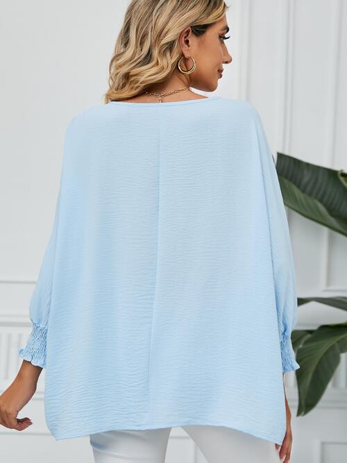 Smocked Lantern Sleeve Round Neck Blouse - Ladyez