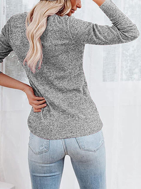 Round Neck Buttoned Long Sleeve T-Shirt - Ladyez