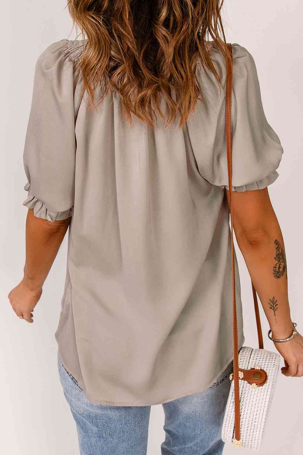 Smocked Frill Trim Flounce Sleeve Blouse - Ladyez