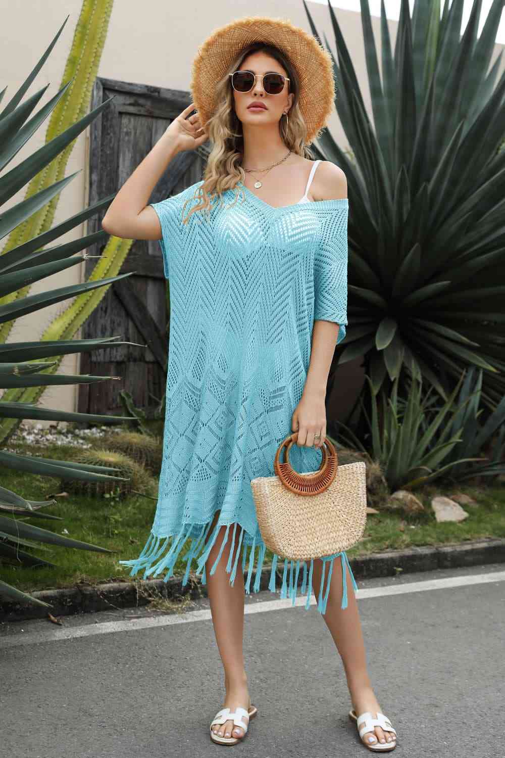 V-Neck Short Sleeve Fringe Hem Knit Dress - Ladyez